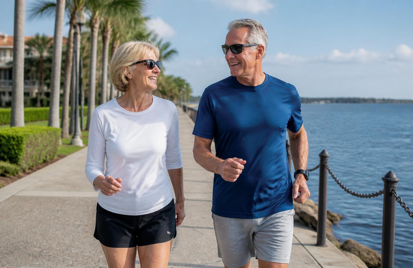 Active adults walking together along a Southwest Florida waterfront